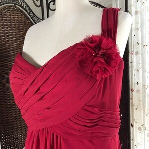 Bill Levkoff Red One-Shoulder Pleated Chiffon Dress with Floral Accent